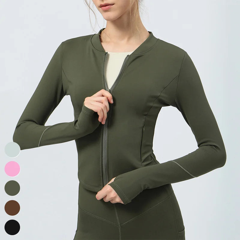 Custom Running Wear Slim Fit Yoga Jacket Double Head Zipper Sports Coat Long Sleeve Gym Fitness Tops Fleece Yoga Jacket Women